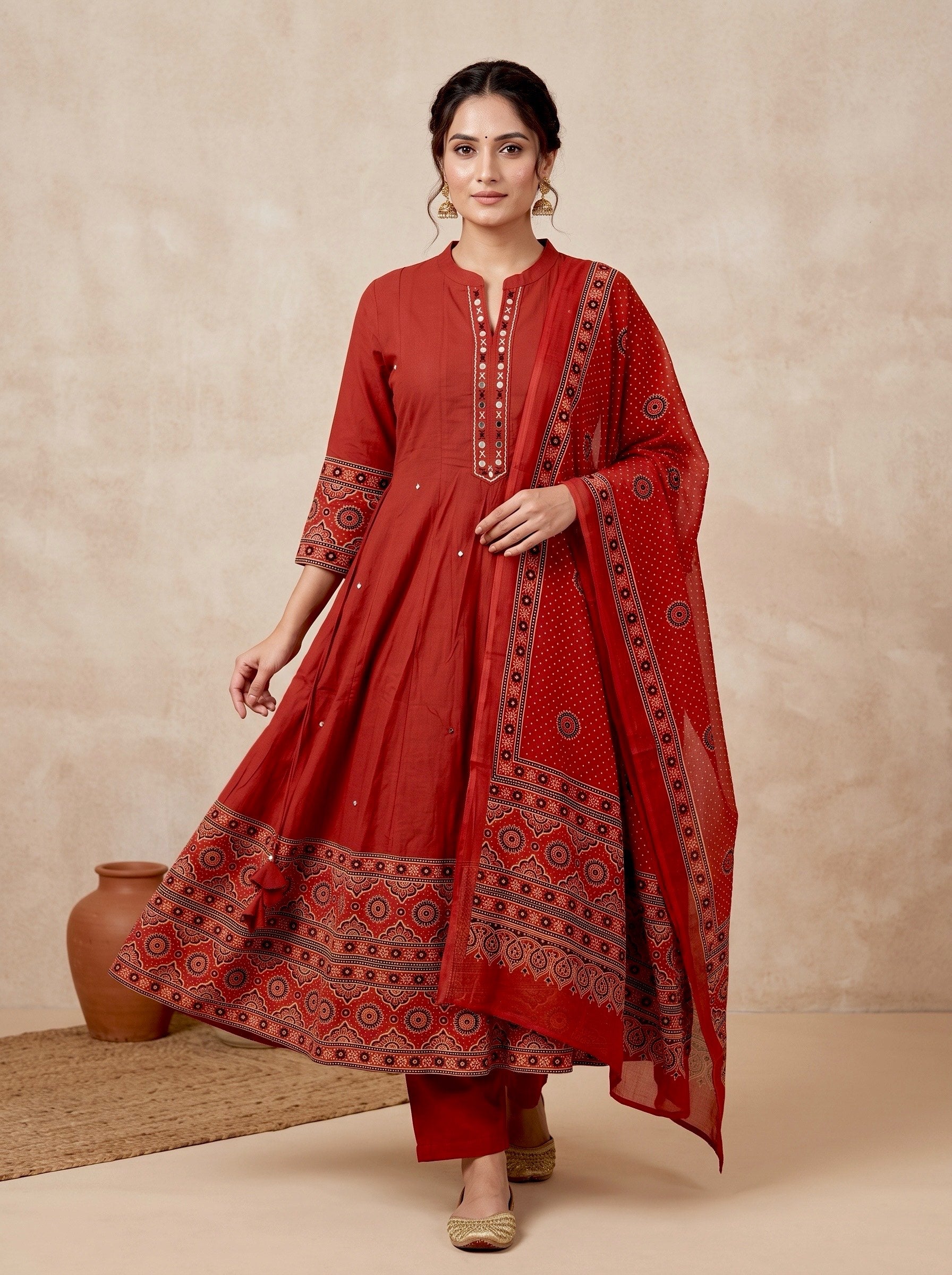 Rust Ajrakh Border Cotton Anarkali Set