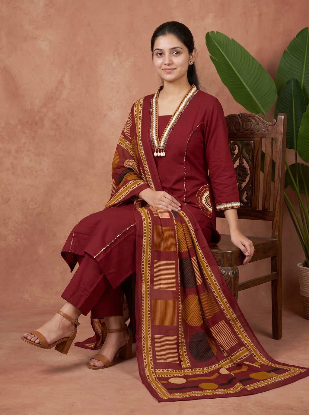 Maroon Premium Cotton Kurta Set with Embellished Neck & Printed Dupatta