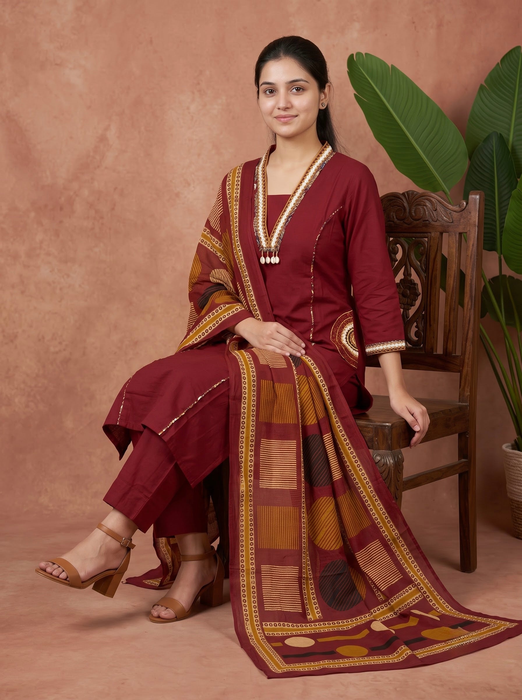 Maroon Premium Cotton Kurta Set with Embellished Neck & Printed Dupatta