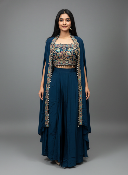 Blue Crepe Skirt Set | Cape Style Festive Outfit
