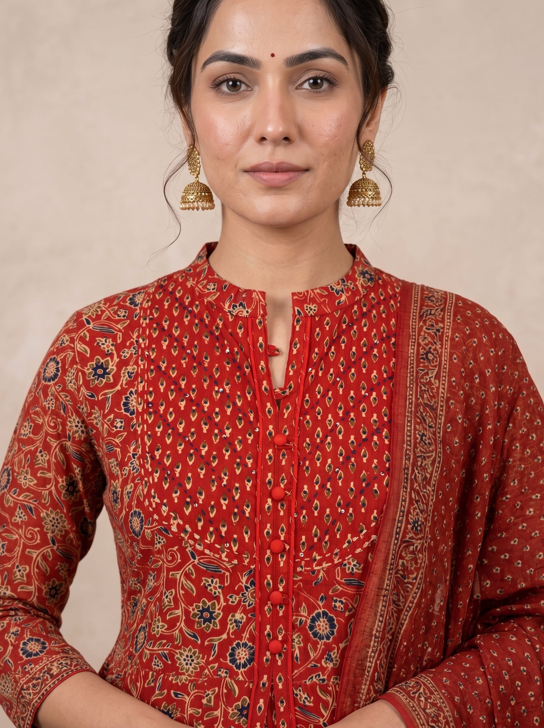 Red Ajrakh Printed Front Slit Anarkali Set