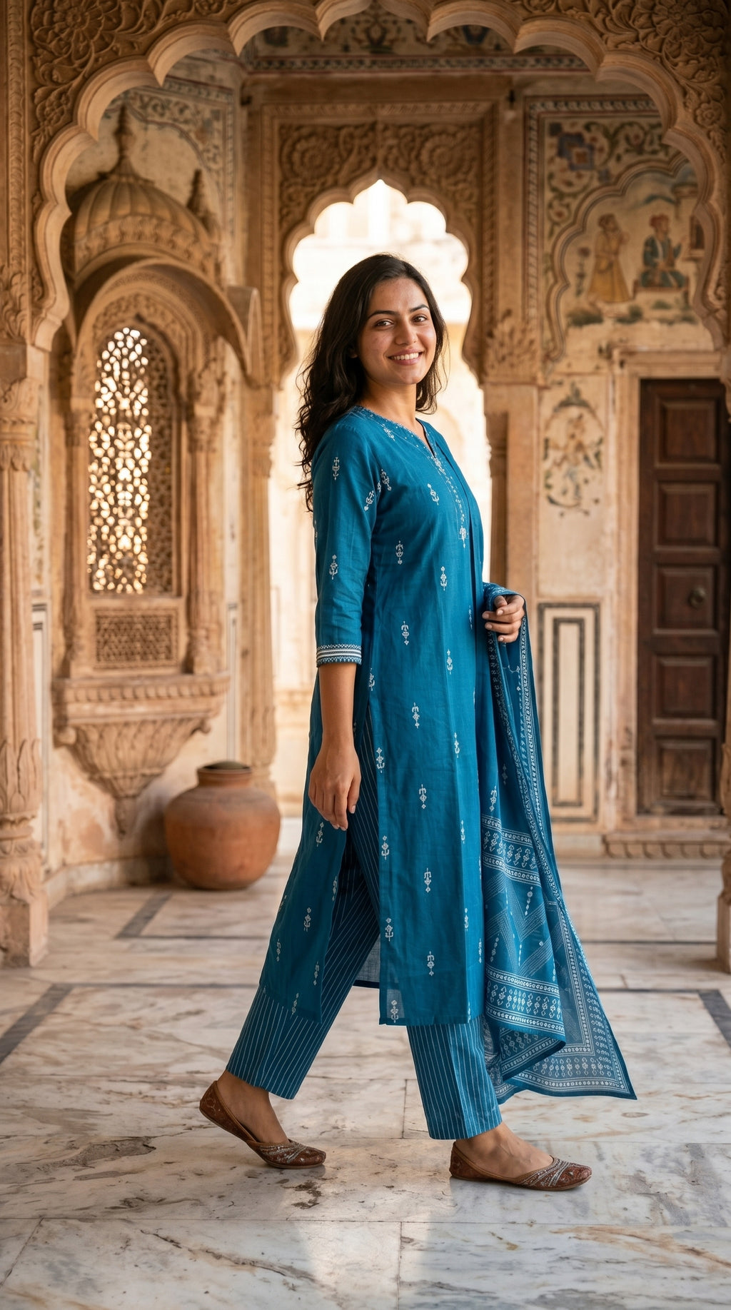 Teal Blue Booti Print Cotton Kurta Set for Women – Straight Daily & Office Wear Suit