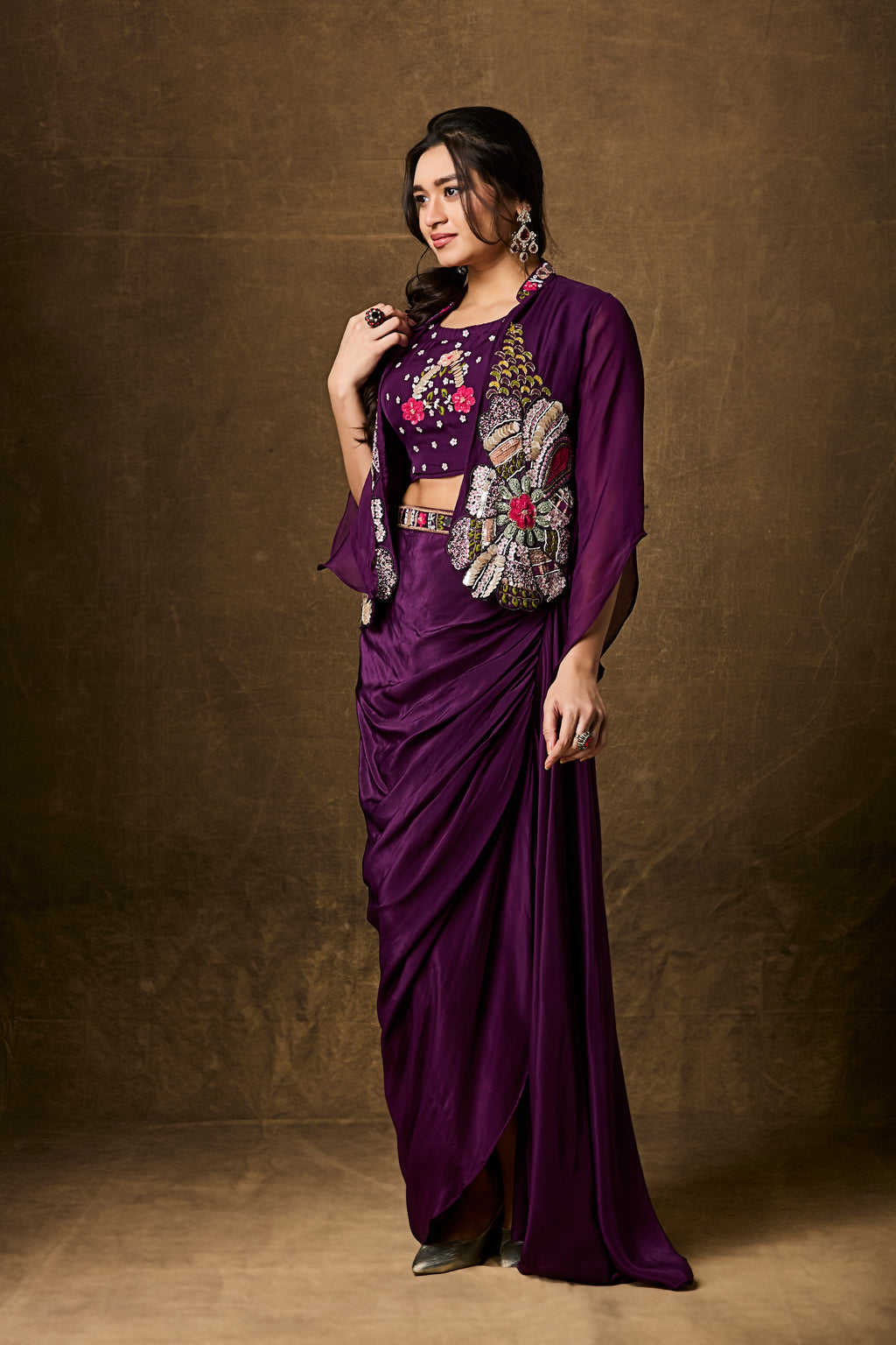 Purple Draped Skirt Set with Embroidered Jacket