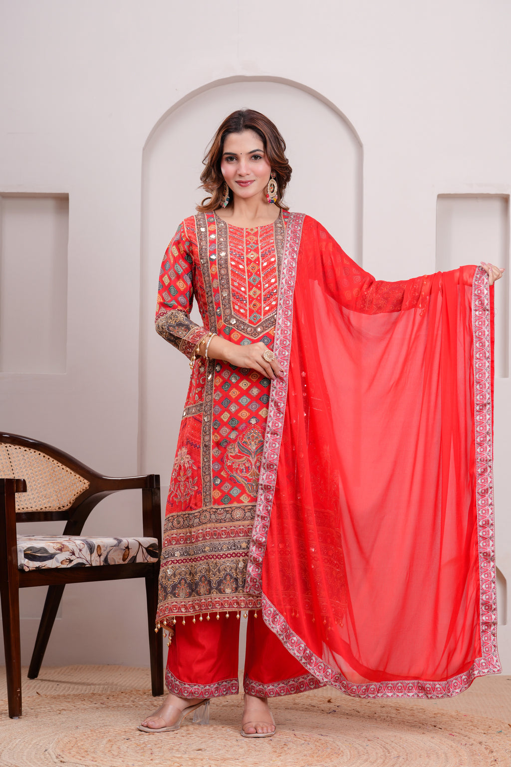 Red Royal Printed Suit Set With Elegant mirror and hand detaling work
