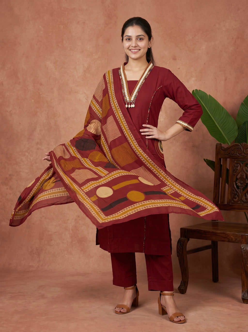 Maroon Premium Cotton Kurta Set with Embellished Neck & Printed Dupatta
