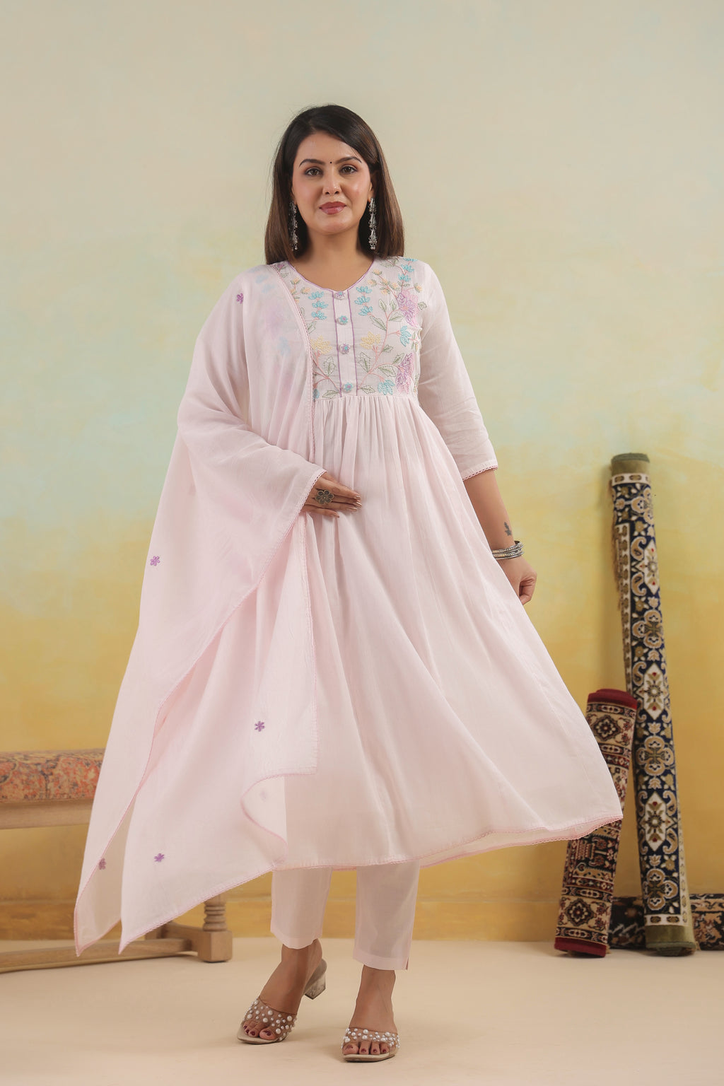 Anarkali Pastel Pink Mul  Cotton Suit