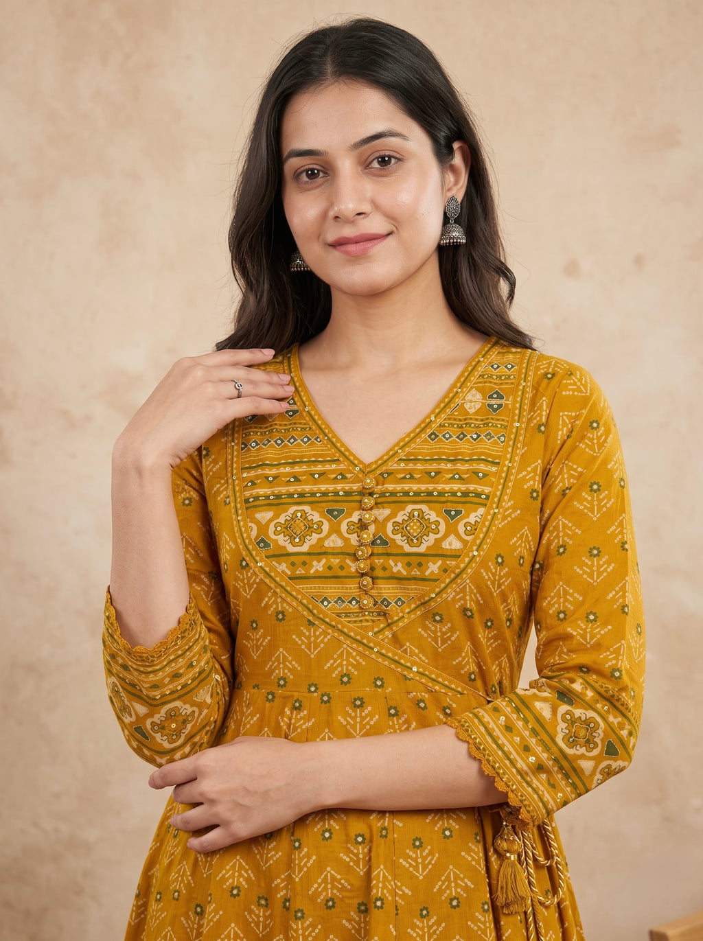 Mustard  Print Premium Cotton Anarkali Kurta Set