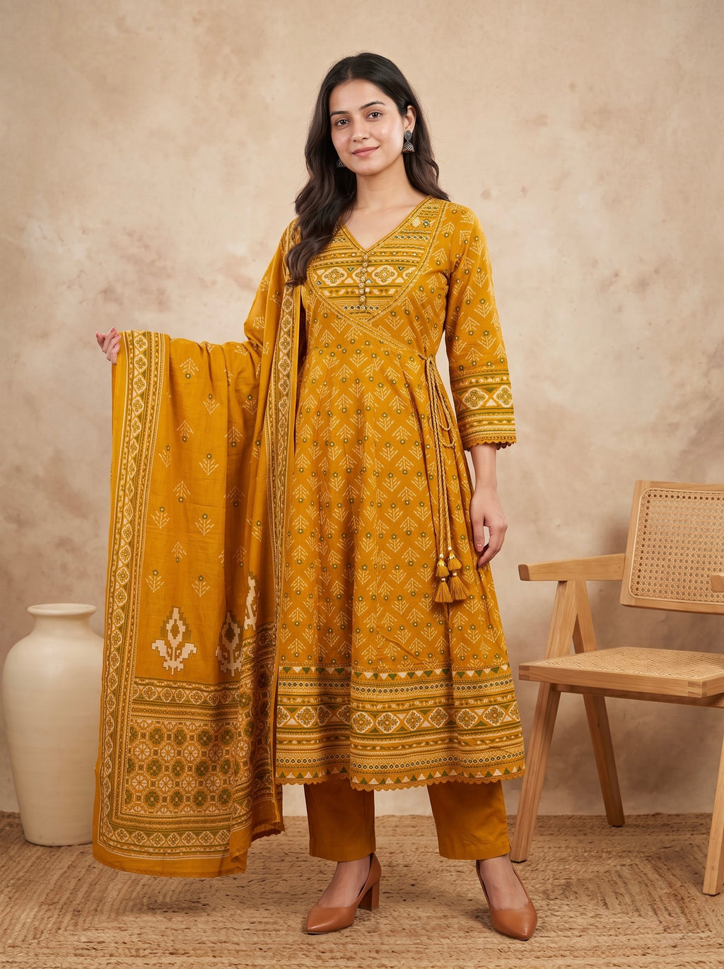 Mustard  Print Premium Cotton Anarkali Kurta Set