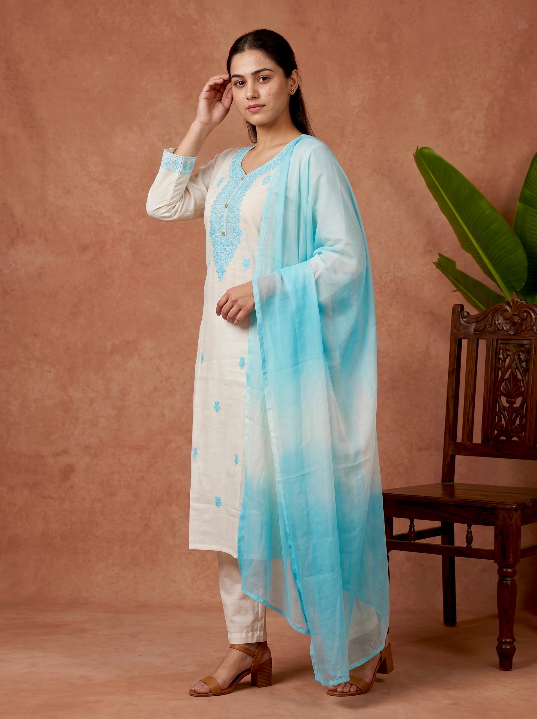 Off-White Chikankari Embroidered Slub Cotton Kurta Set