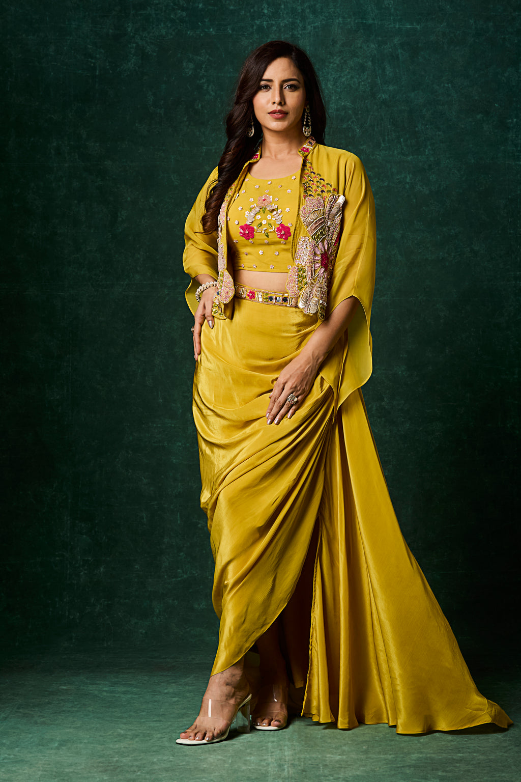 Mustard Yellow Draped Skirt Set with Embroidered Jacket