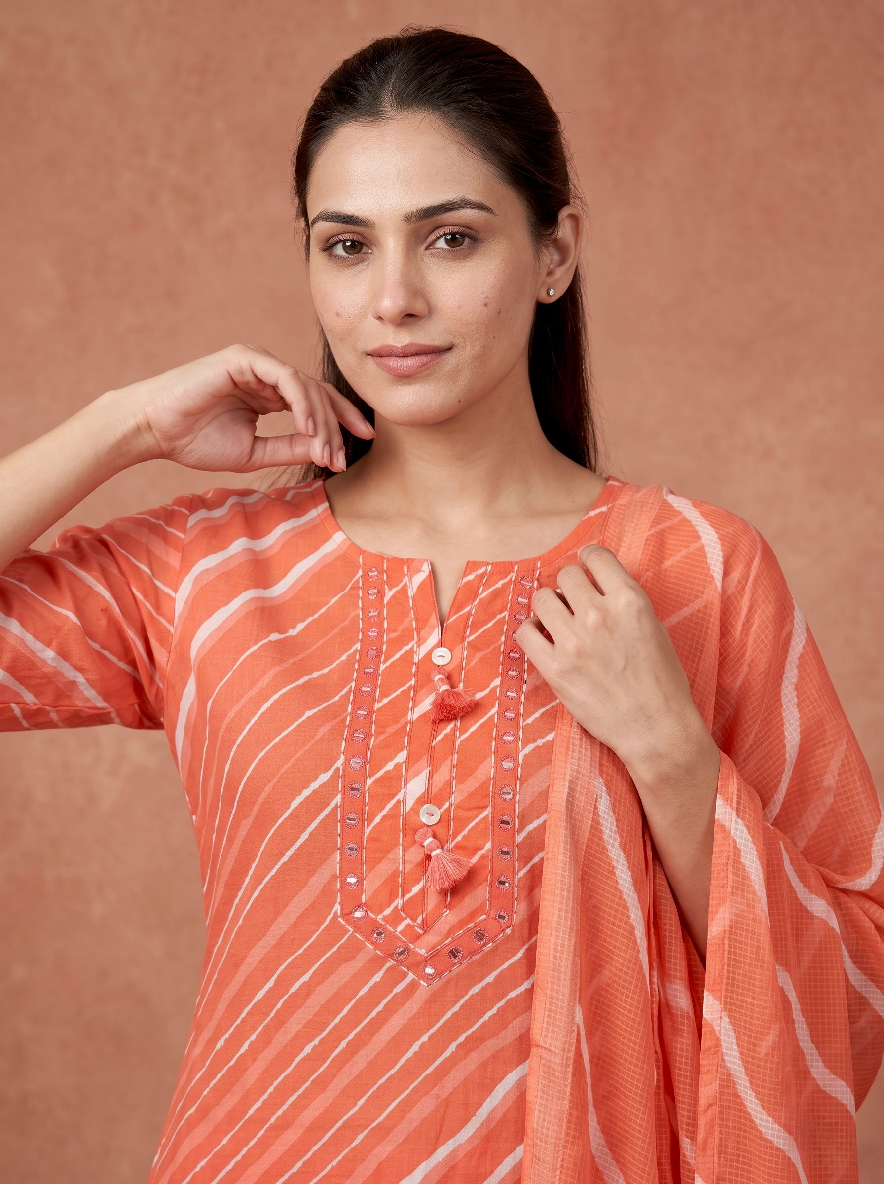 Peach Leheriya Print Premium Cotton Kurta Set
