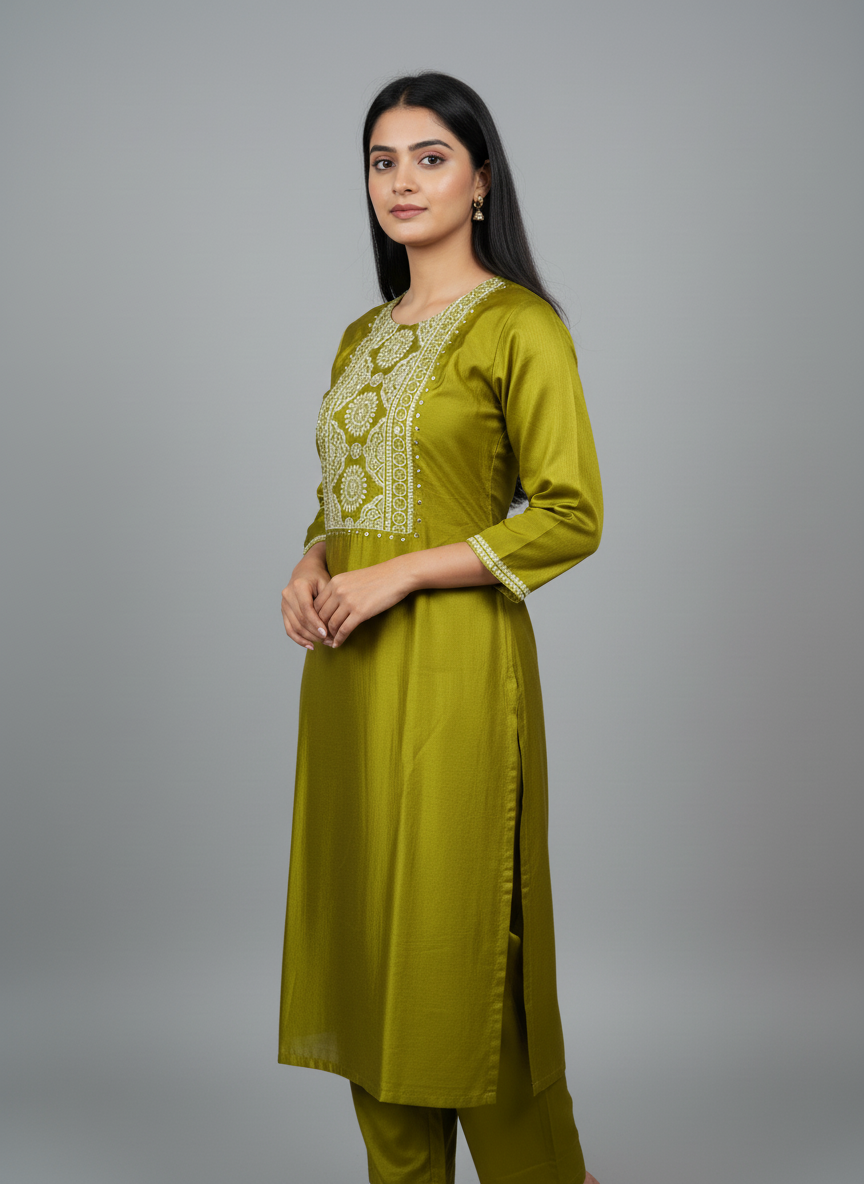 Olive Gold Satin Silk Embroidered Suit Set