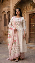 Ivory & Pink Floral Embroidered With  Block Print Cotton Kurta Set for Women – A-Line Daily & Office Wear Suit