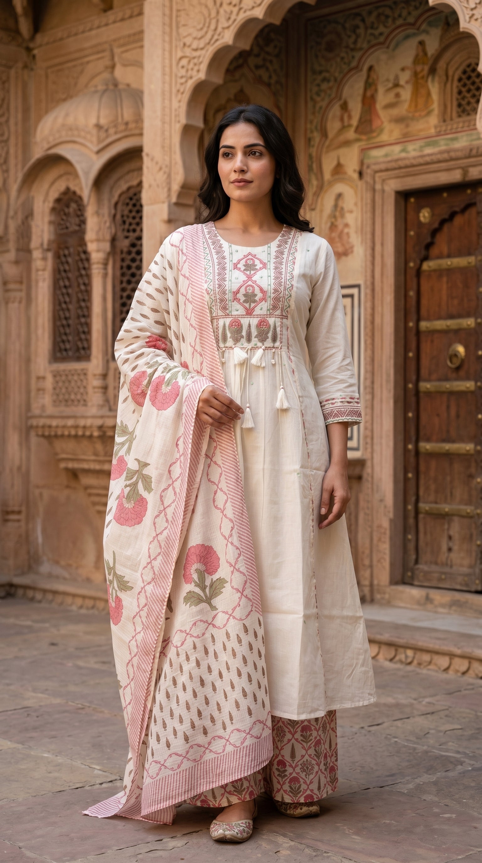 Ivory & Pink Floral Embroidered With  Block Print Cotton Kurta Set for Women – A-Line Daily & Office Wear Suit