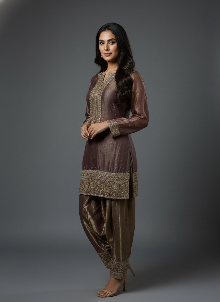 Dusty Brown Two-Tone Silk Blend Farsi Suit with Zari Embroidery
