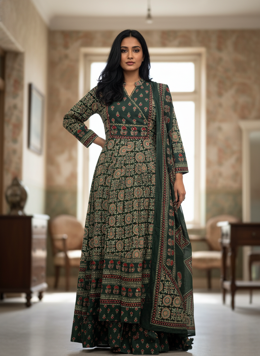 Emerald Green Ajrakh Cotton Anarkali Set for Women – Block Print Ethnic Kurta