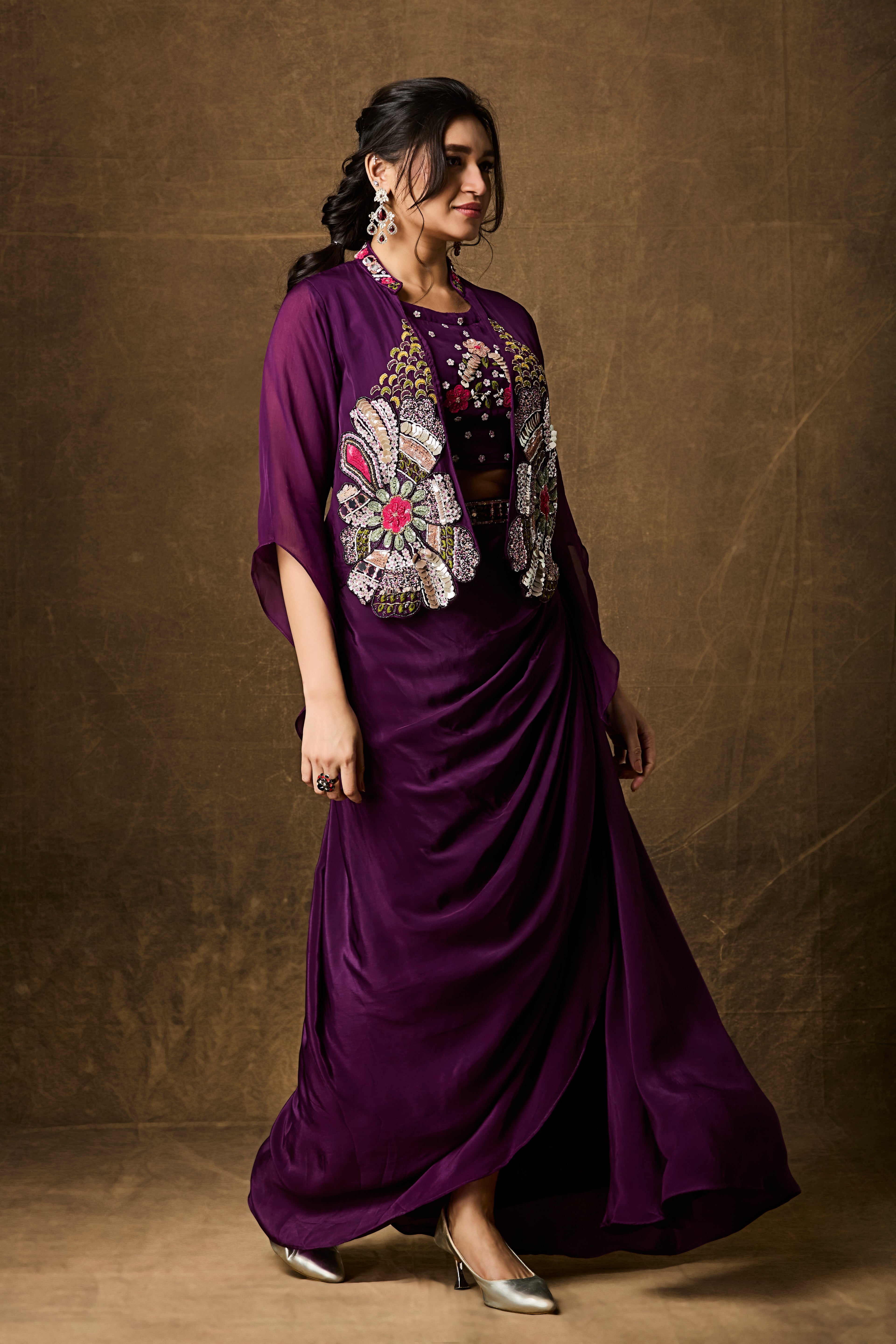 Purple Draped Skirt Set with Embroidered Jacket