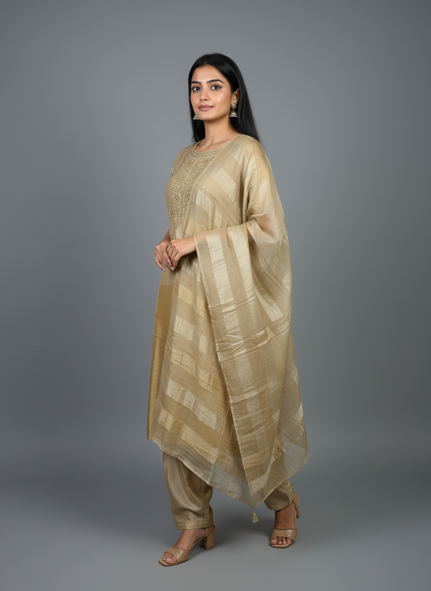 Champagne Gold Pure Tissue Silk Hand-Embroidered Suit Set