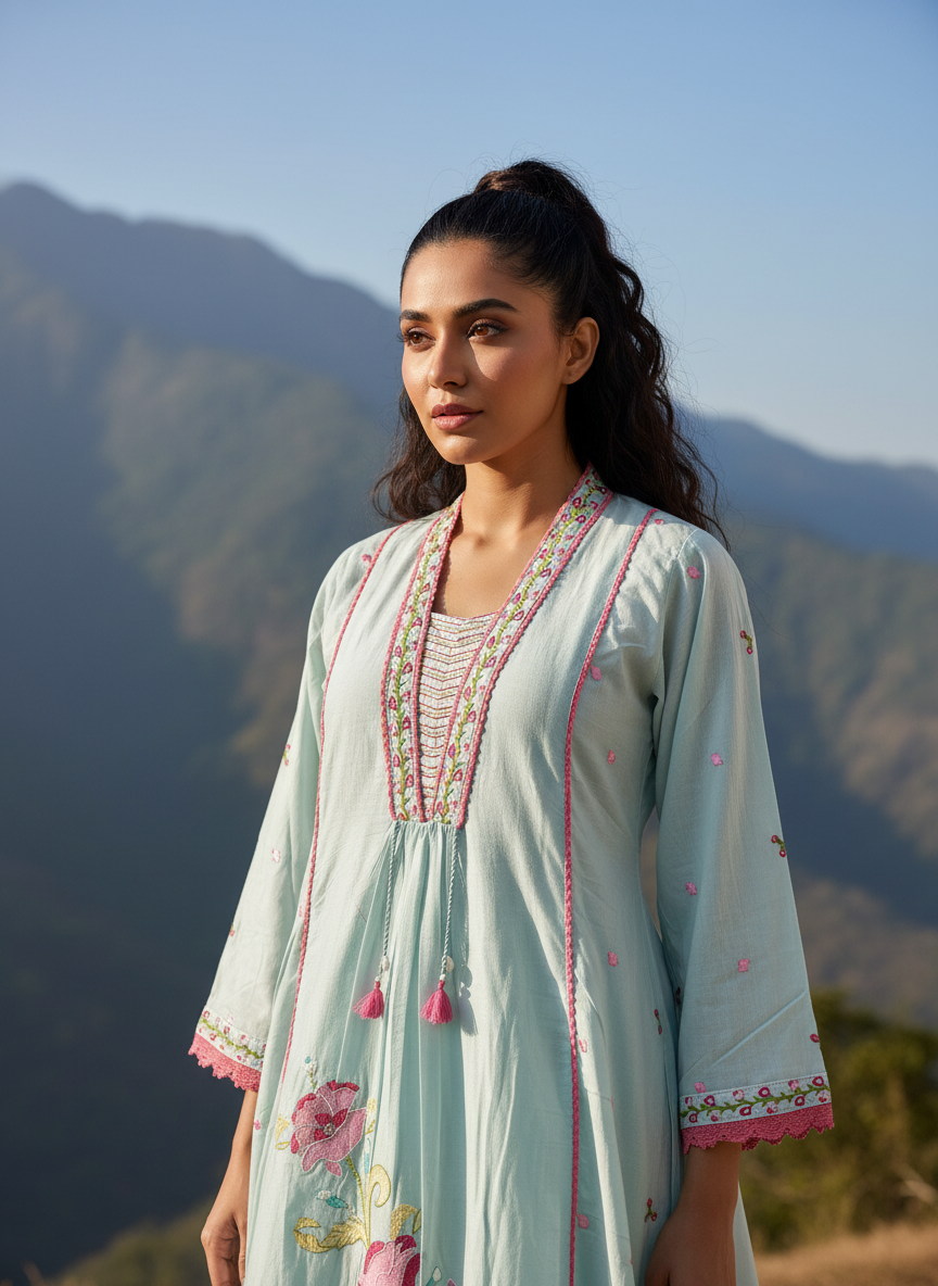 Pastel Mint & Rose Floral Embroidered Cotton Kurta Set with Palazzo