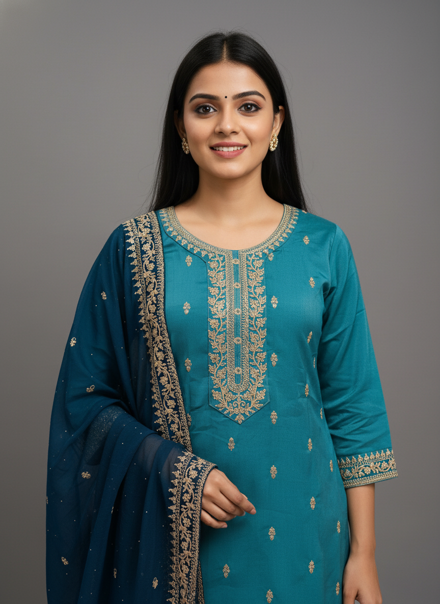 Straight-Cut Suit in Firozee with Gold Zari Embroidery