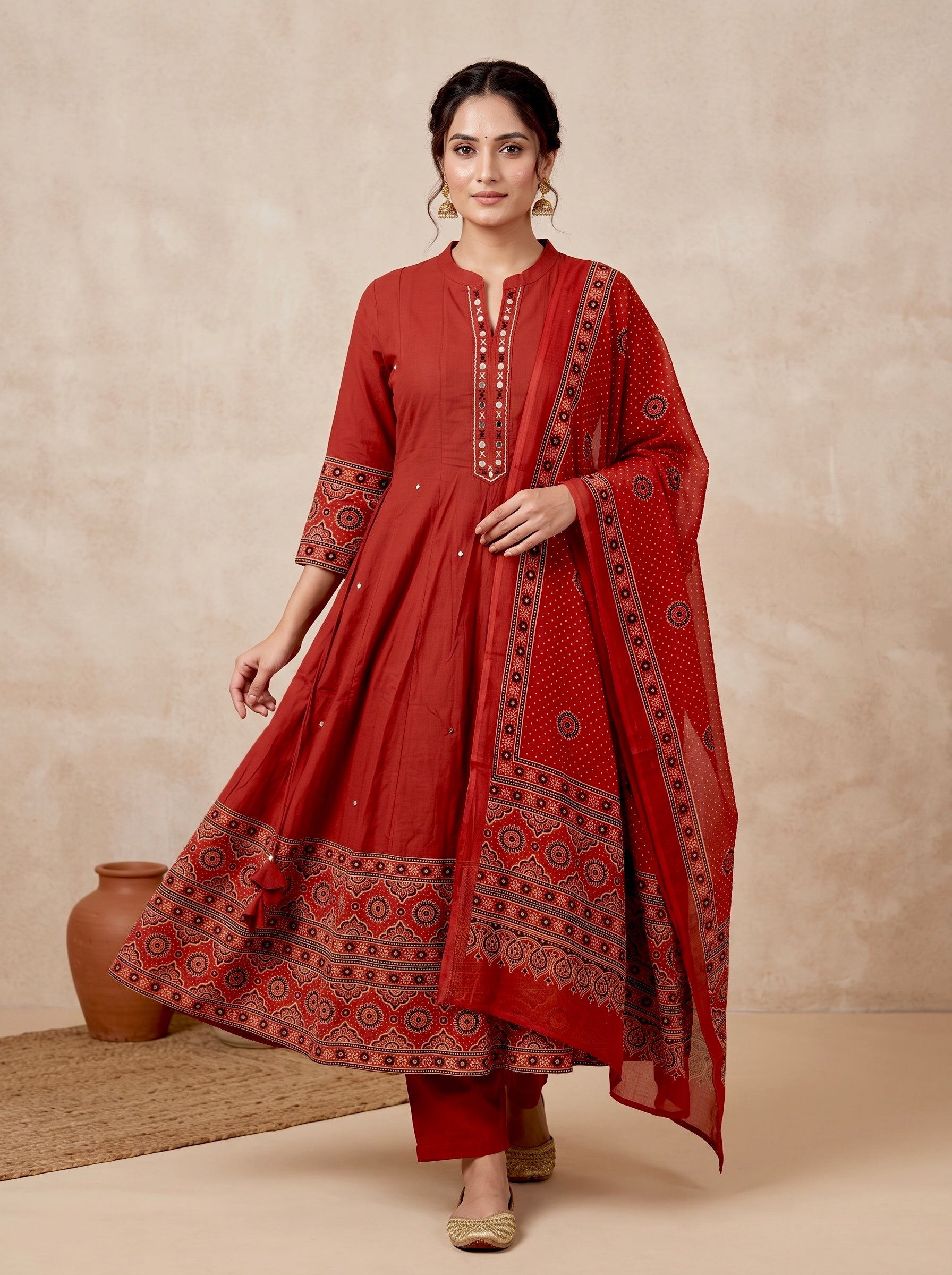 Rust Ajrakh Border Cotton Anarkali Set
