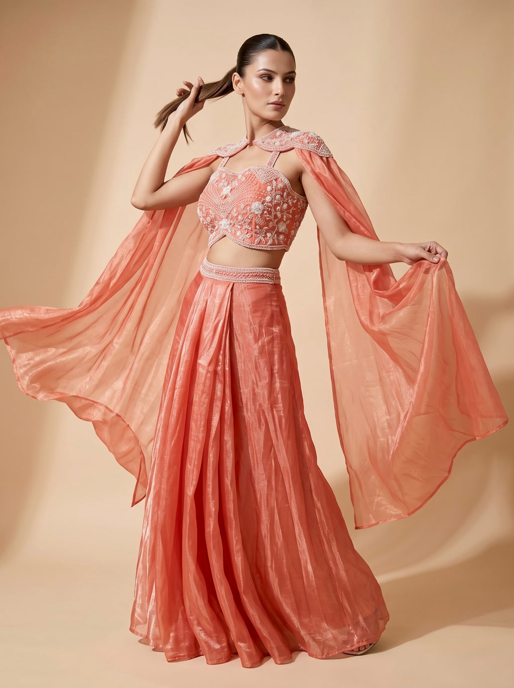 Peach Gucci Crepe Crop Top & Draped Skirt Set with Pearl Embroidered Cape