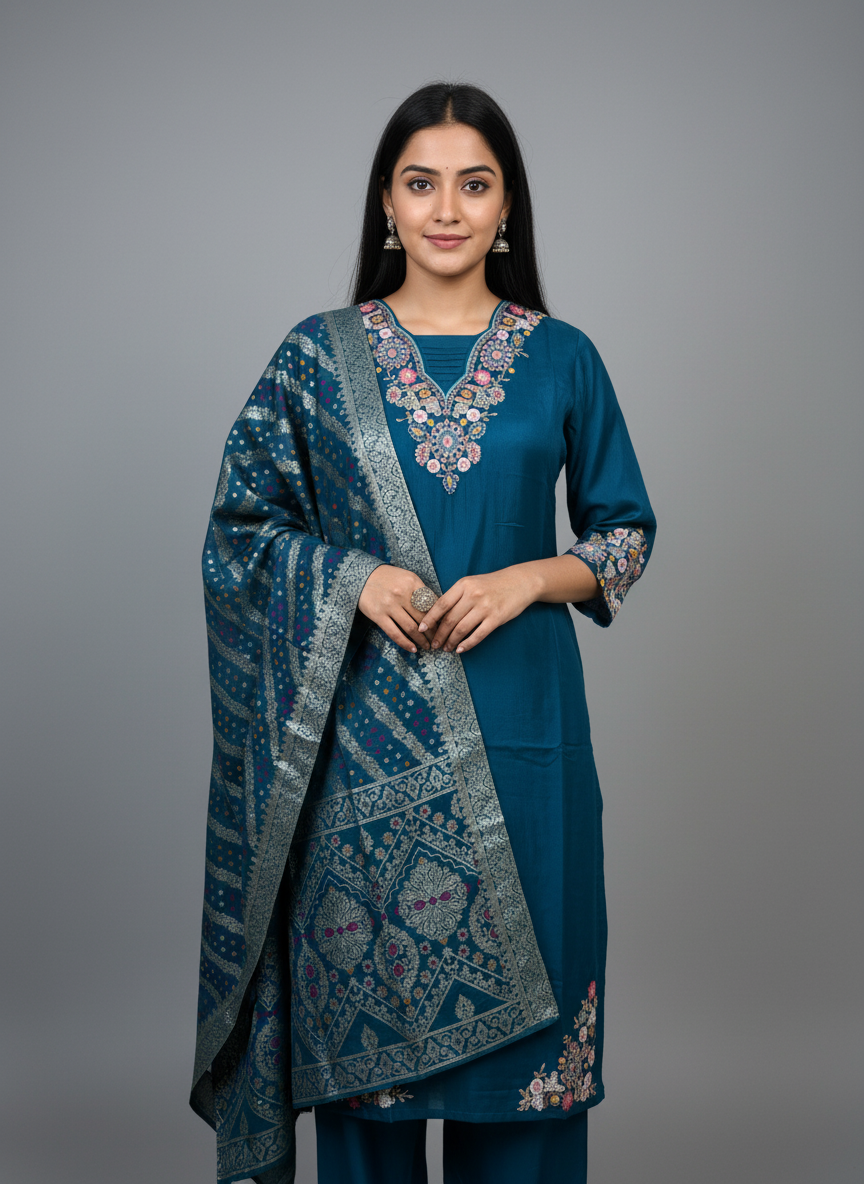 Midnight Teal Silk Embroidered Suit Set with Banarasi-Style Dupatta