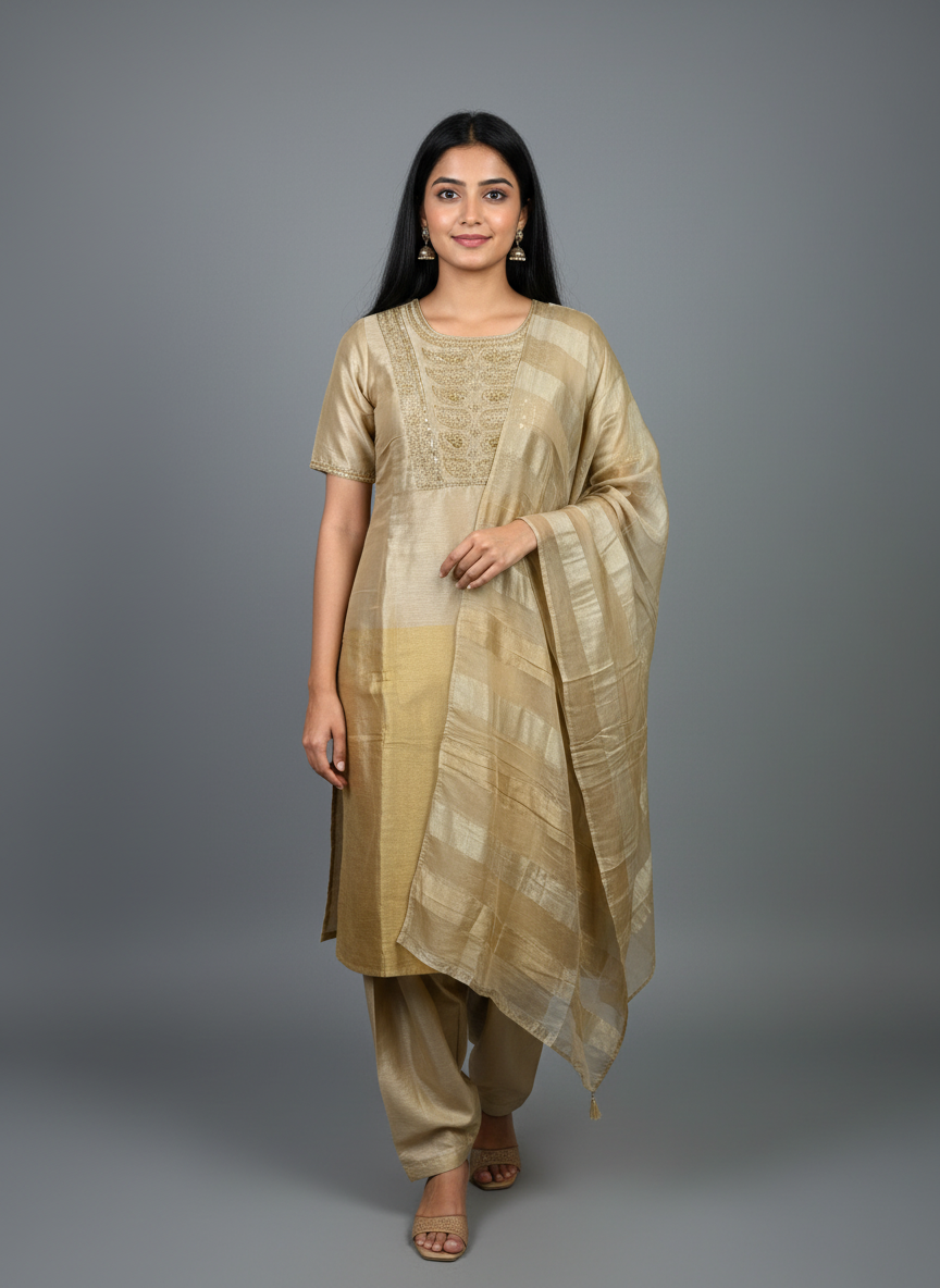 Champagne Gold Pure Tissue Silk Hand-Embroidered Suit Set