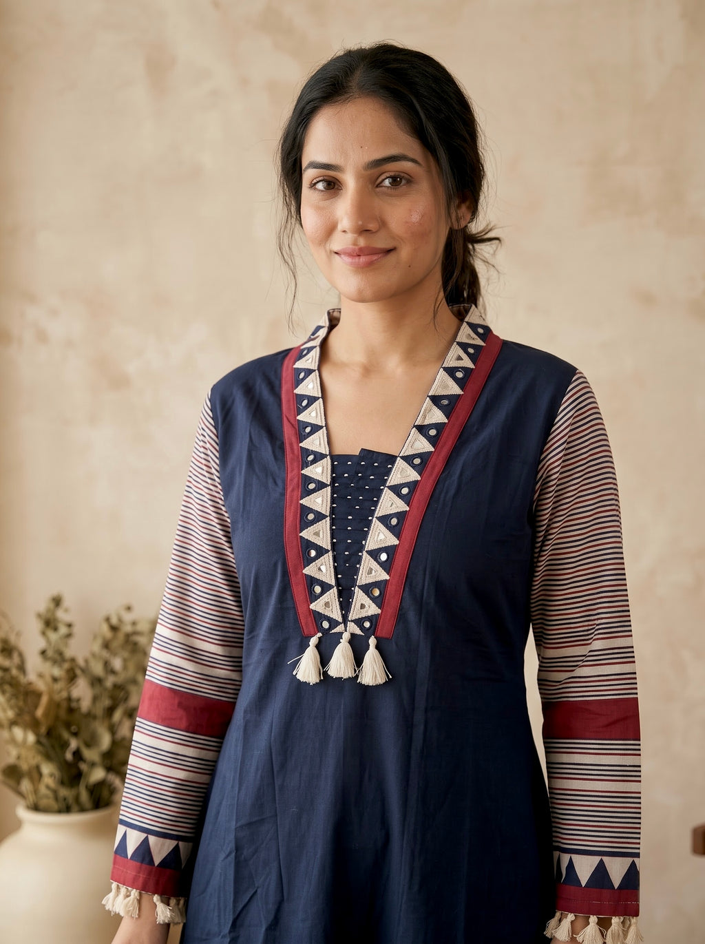 Navy Blue Polka Dot A-Line Premium Cotton Kurta Set