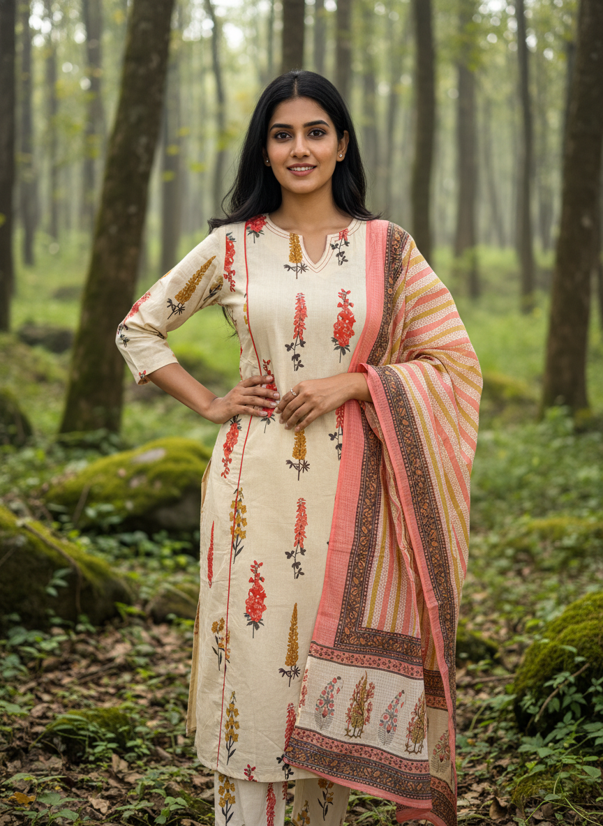 Beige & Coral Floral Cotton A-Line Set with Palazzo