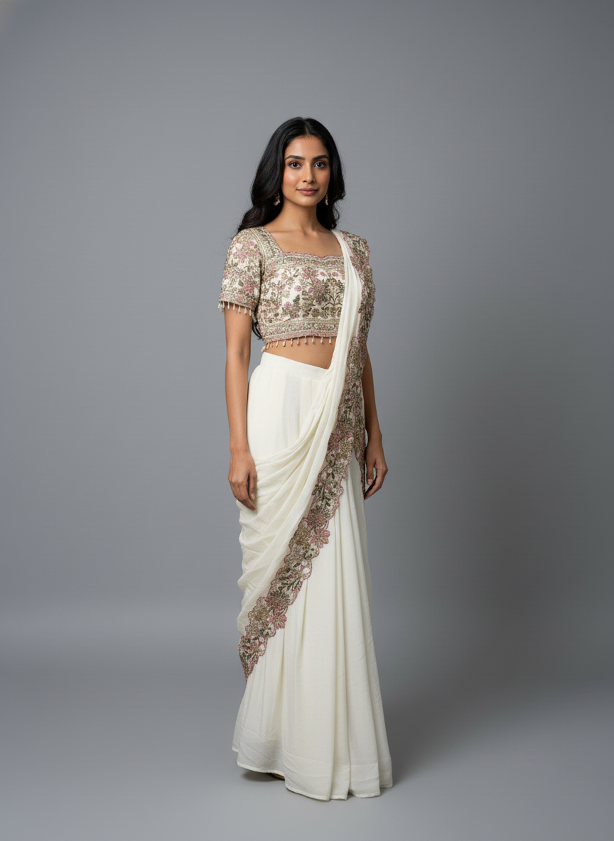 Premium Cream Silk Saree with Heavy Embroidered Short-Sleeve Blouse