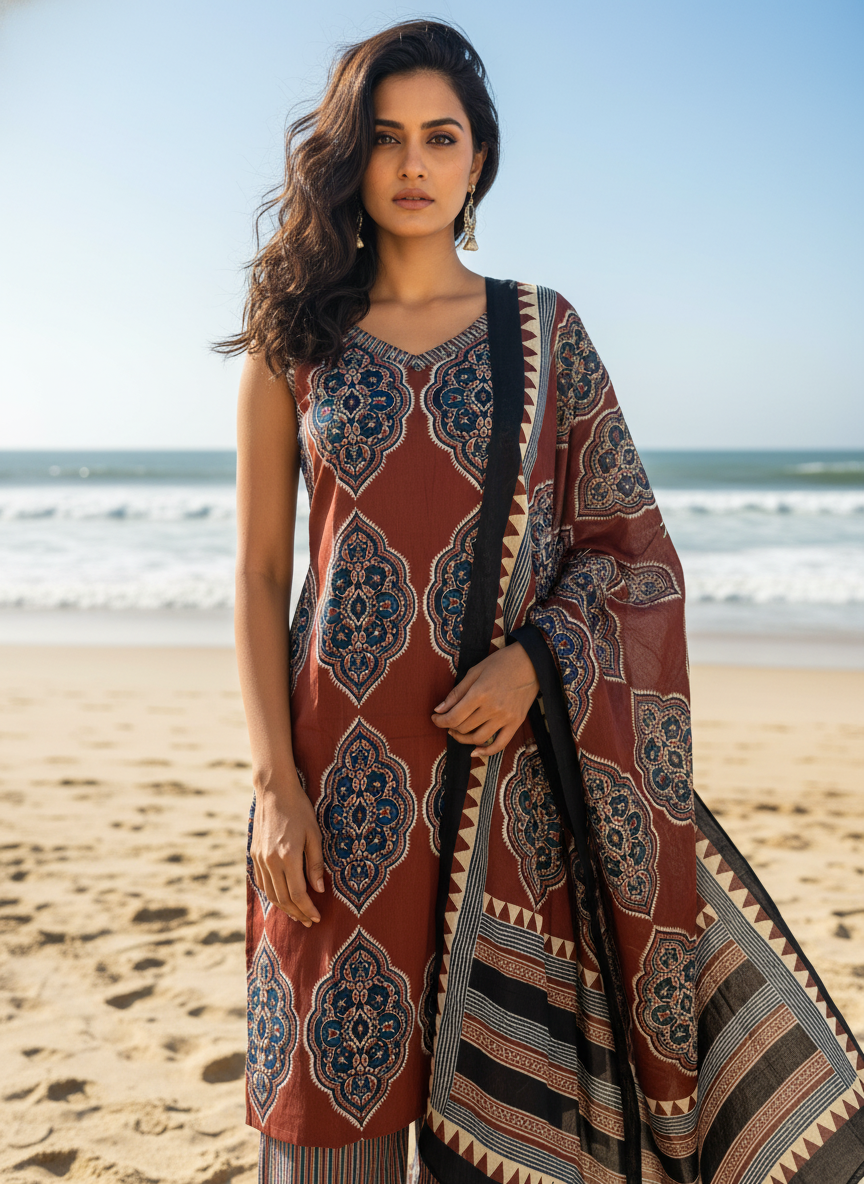 Indigo Ajrakh Cotton Sleeveless Kurta Set for Women – Summer Ethnic Palazzo Suit