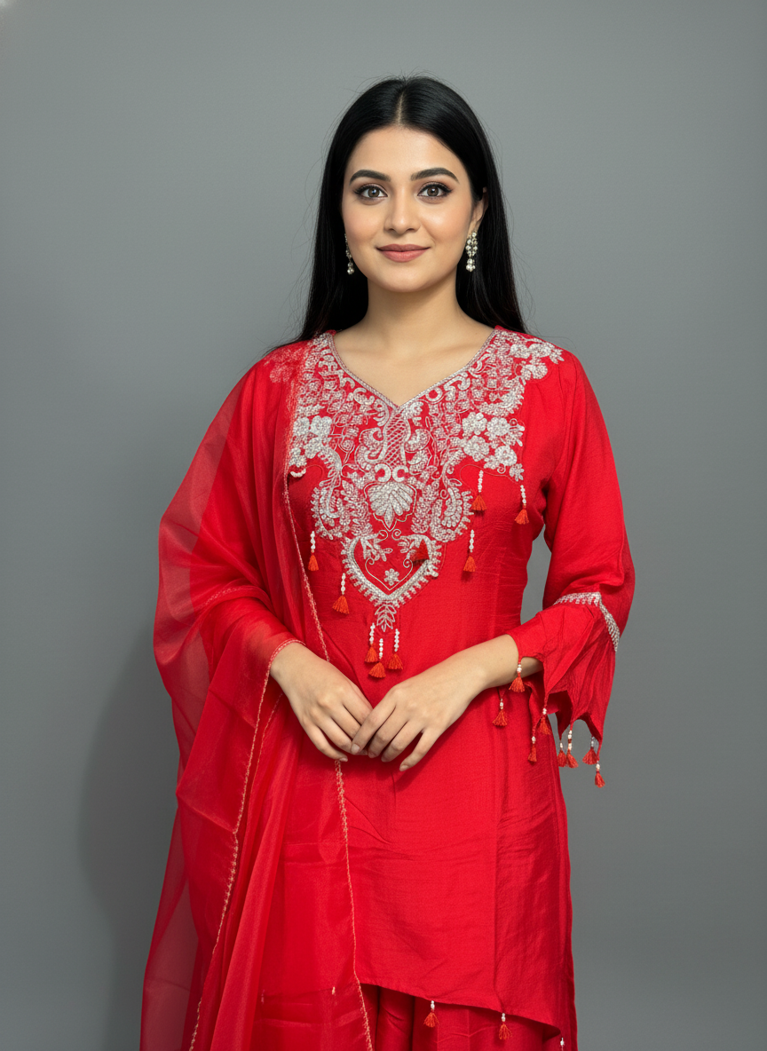 Ruby Red Embroidered Kurta & Pant Set with Organza Dupatta