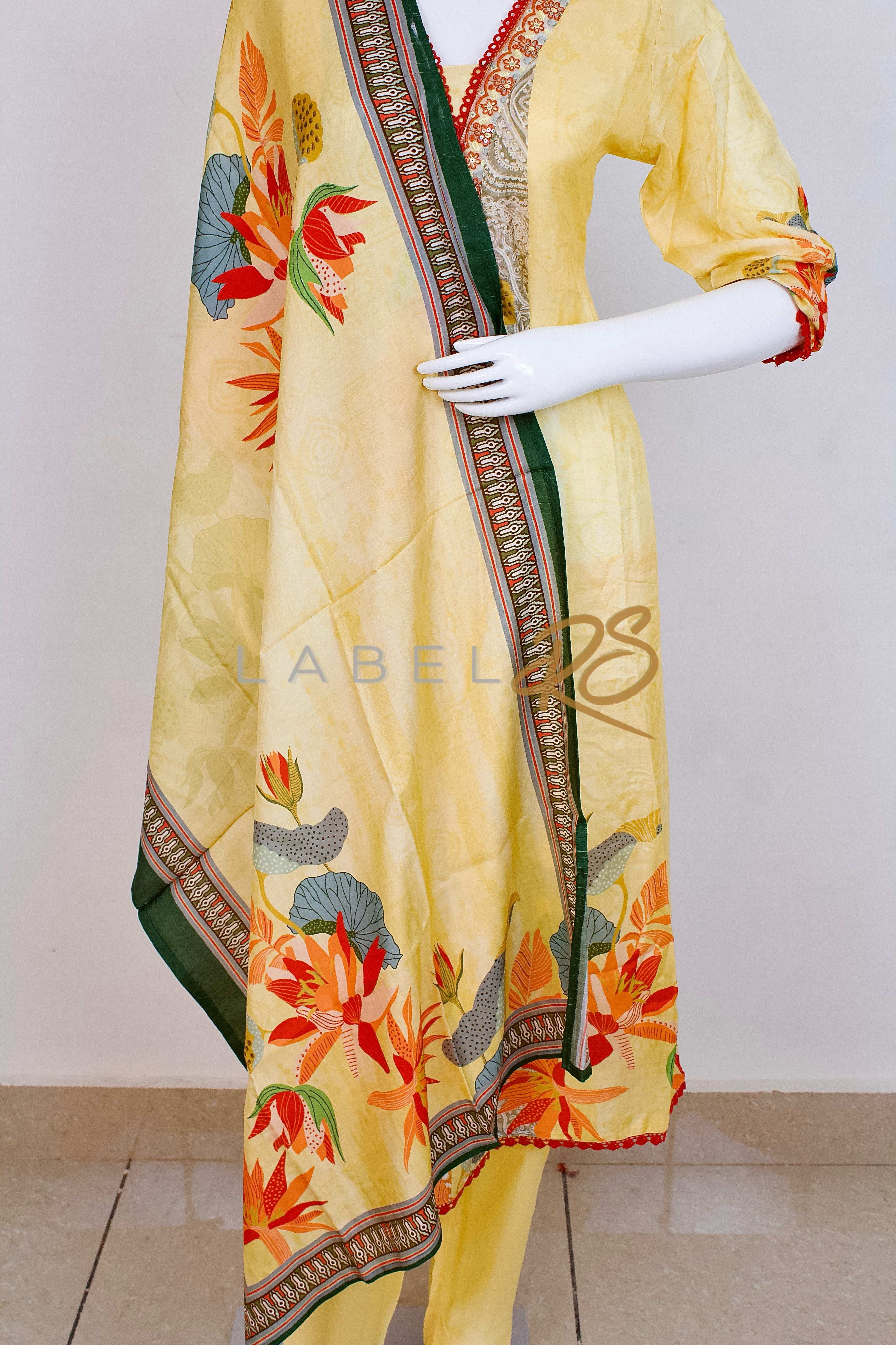 Premium Lemon Yellow Suit With Embroidery And Self Print