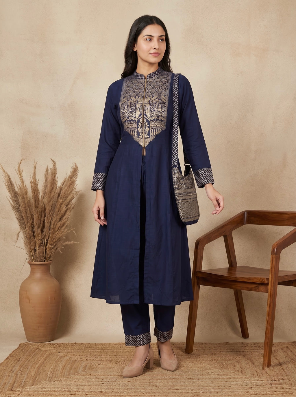 Navy Blue Gold Foil Print Premium  Front-Slit Kurta Set