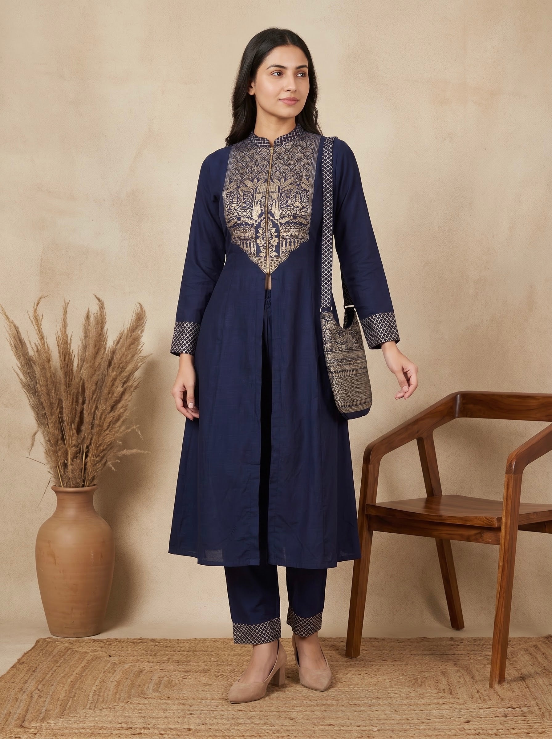 Navy Blue Gold Foil Print Premium  Front-Slit Kurta Set