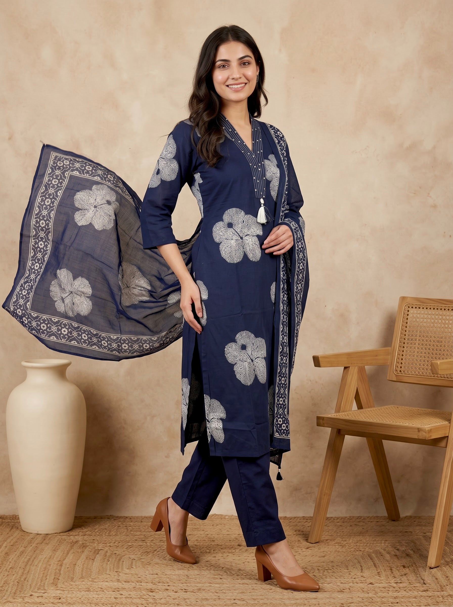 Navy Blue Floral Print Premium Cotton Kurta Pant Set