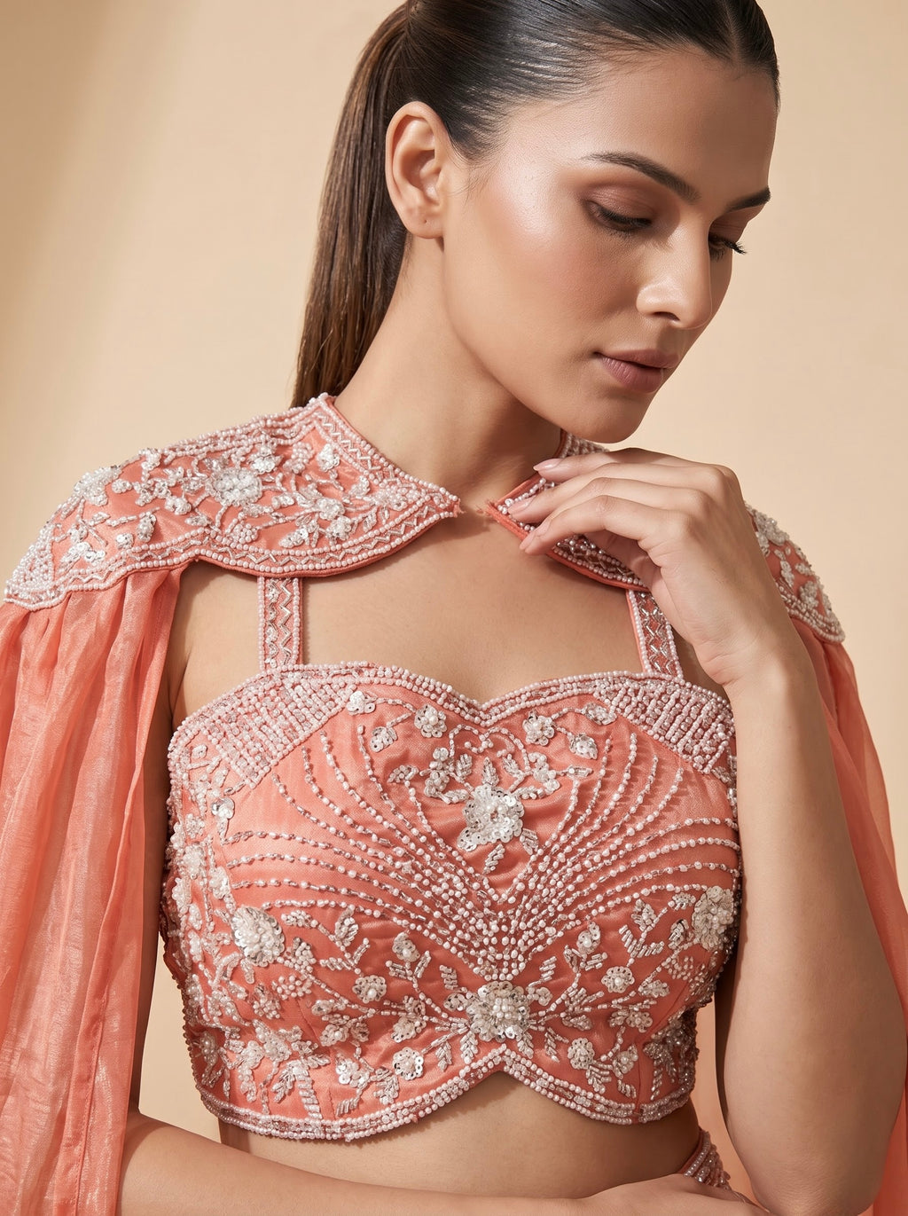 Peach Gucci Crepe Crop Top & Draped Skirt Set with Pearl Embroidered Cape