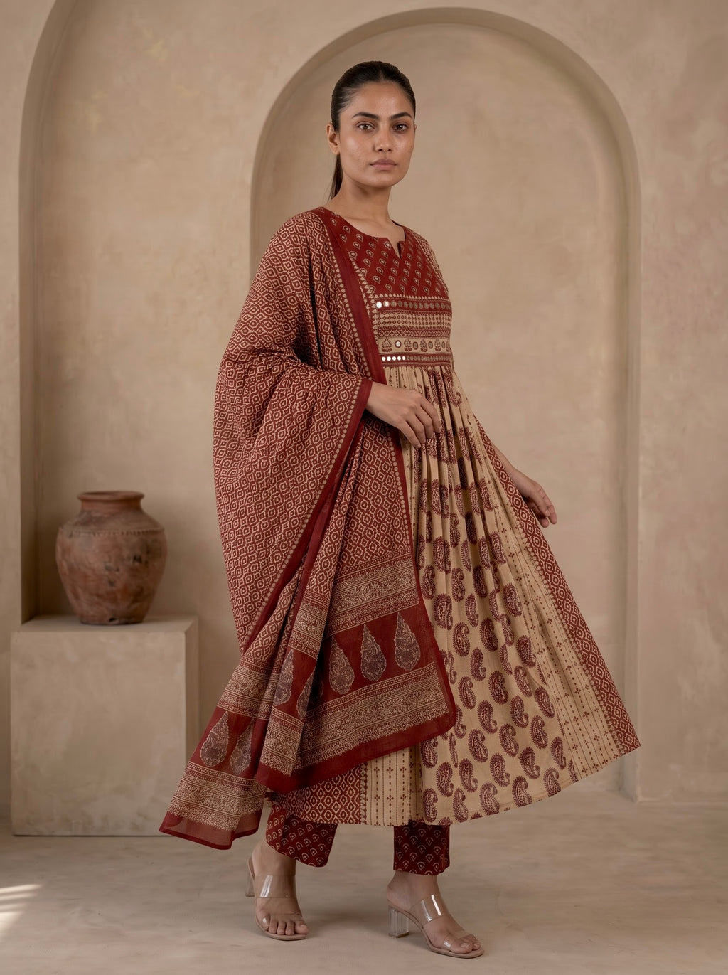 Beige & Maroon Ajrakh Print Premium Cotton Anarkali Kurta Set