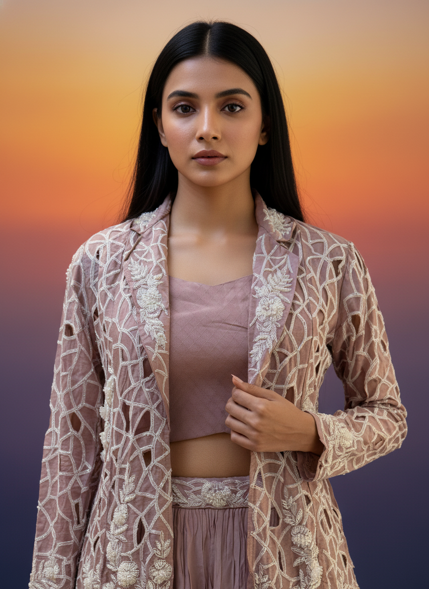 Lavender Embroidered Jacket Lehenga Set - Exquisite Crepe Ensemble