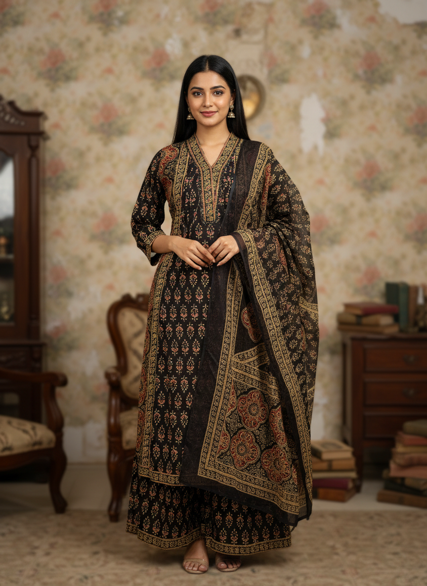 Black and Gold Ajrakh Cotton Kurta Set for Women – Printed Ethnic Palazzo Suit