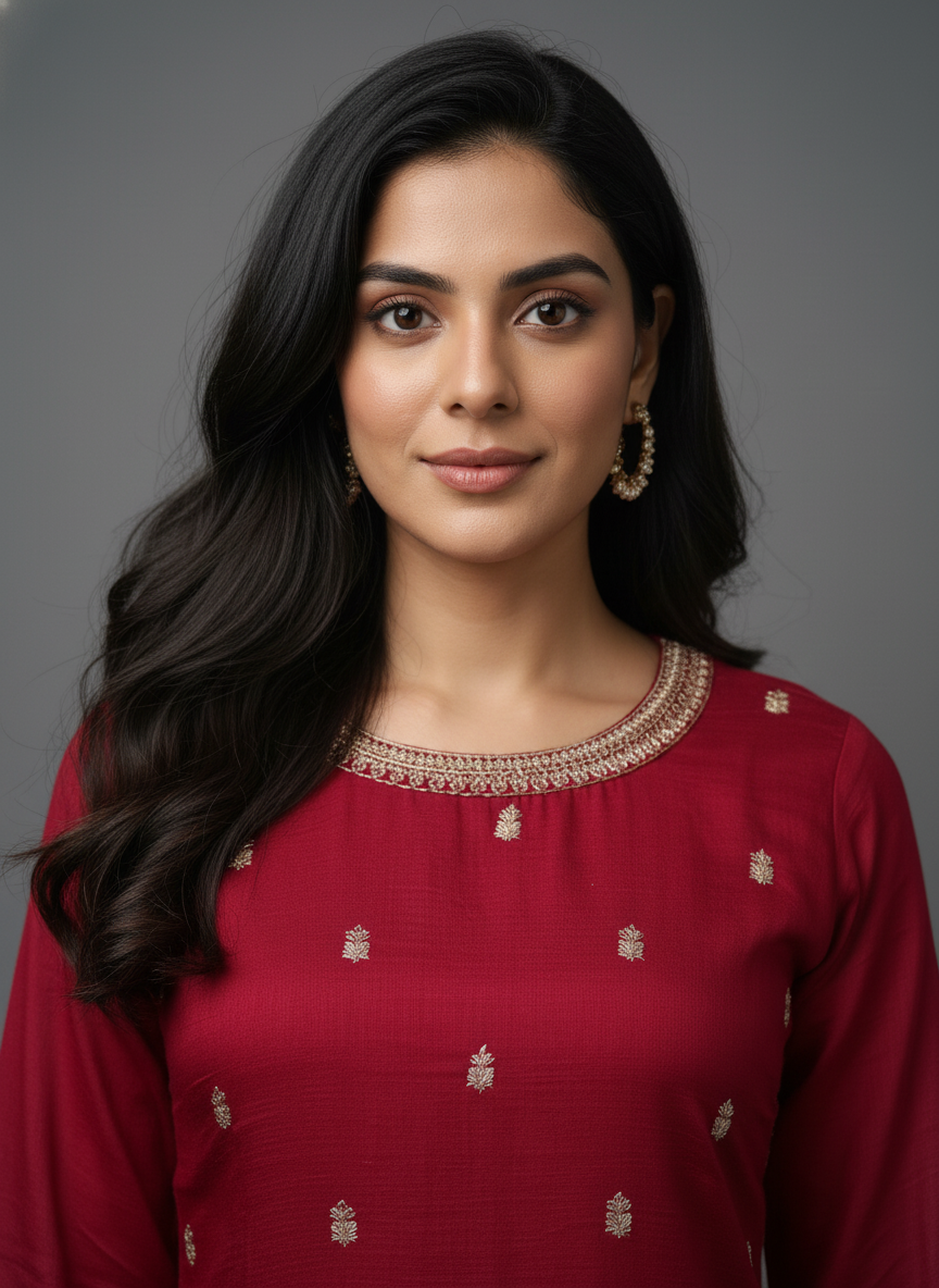 Red Viscose Kurta Set with Zari Embroidery & Sequin Work