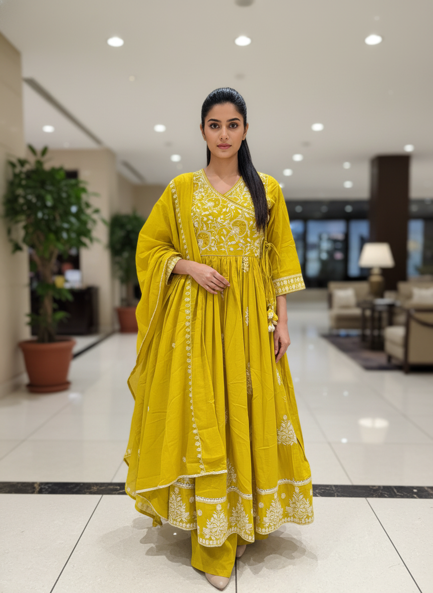 Mustard Yellow Chikankari Style Angrakha Suit Set - 3 Piece
