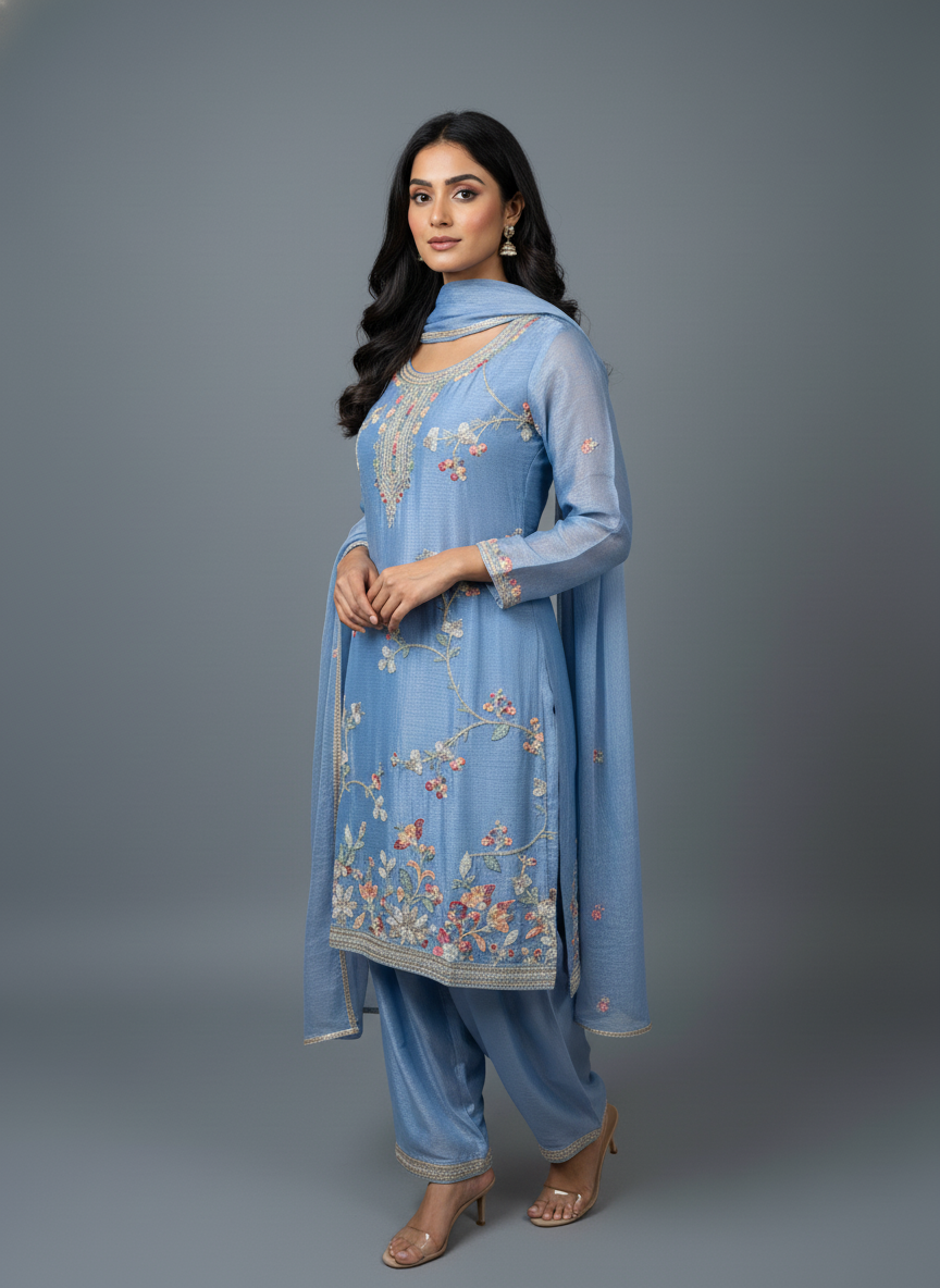 Powder Blue Floral Embroidered Kurta Set