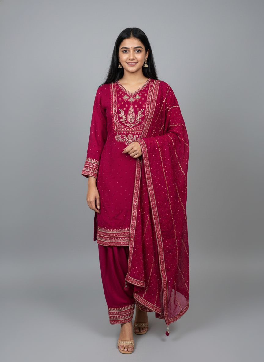Magenta Embroidered Kurta with Patiala and Dupatta Set