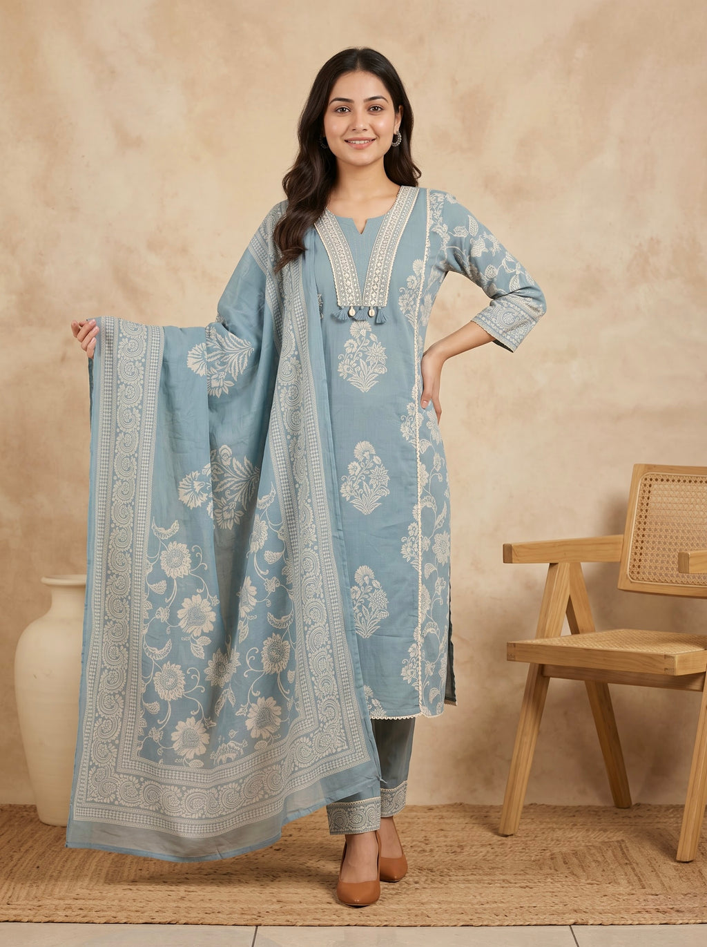 Dusty Blue Floral Print Premium Cotton Kurta Set
