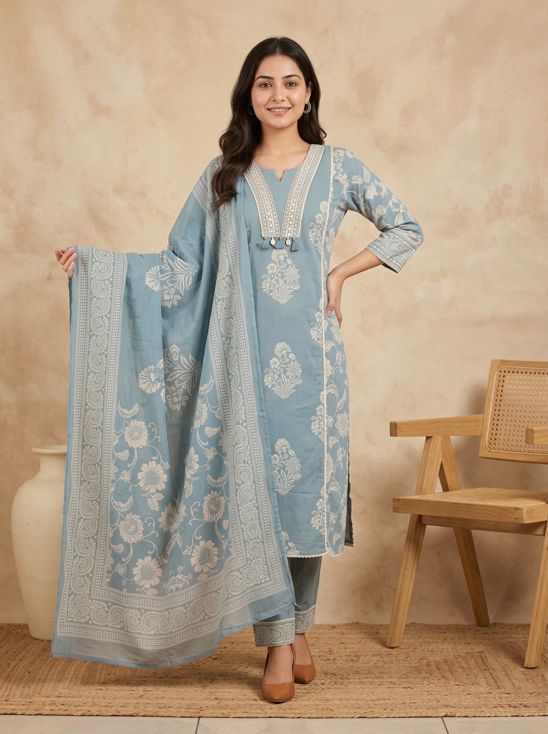 Dusty Blue Floral Print Premium Cotton Kurta Set