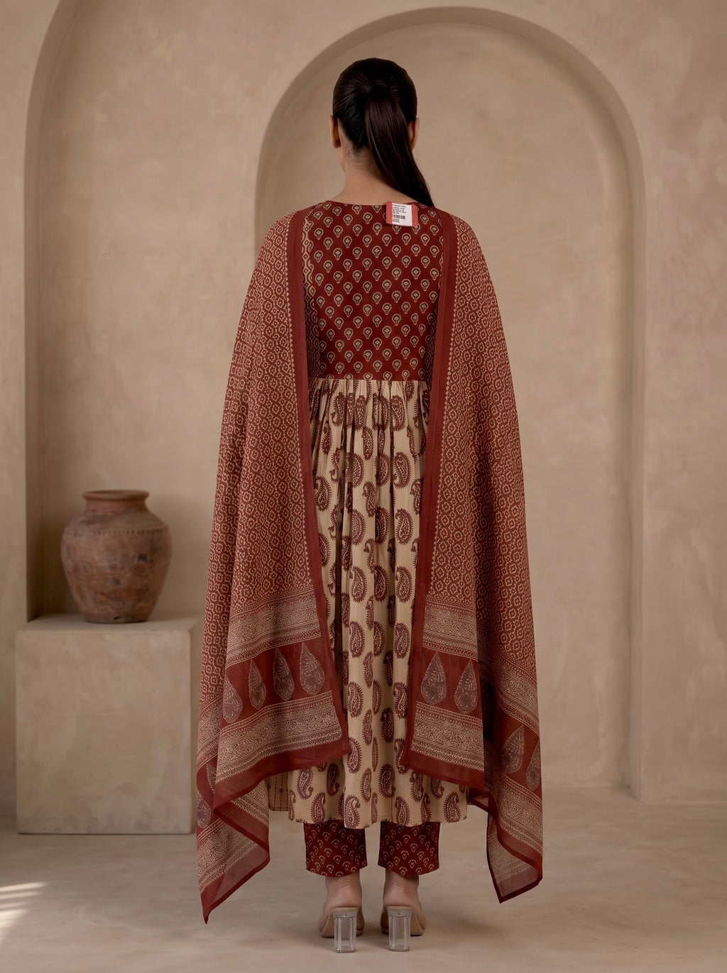 Beige & Maroon Ajrakh Print Premium Cotton Anarkali Kurta Set