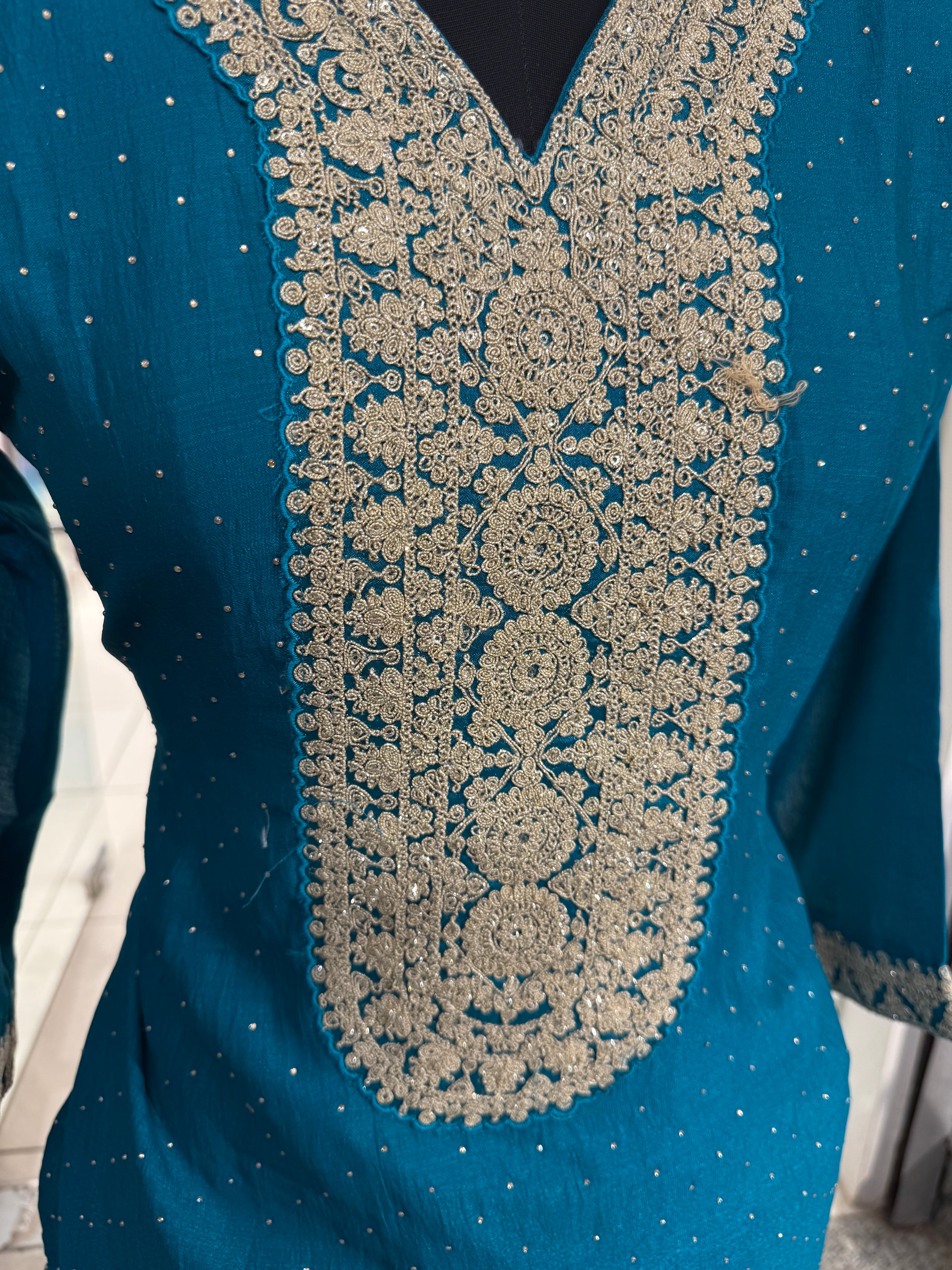 Regal Firozi Viscose Suit Set with Heavy Gold Zari Embroidery