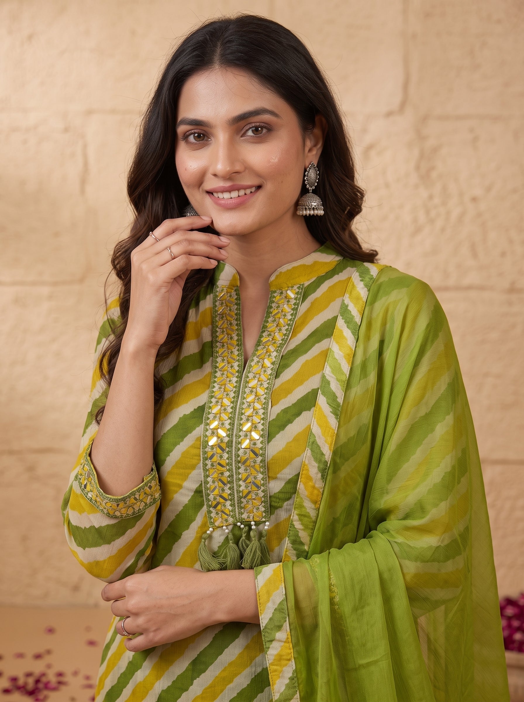 Green Leheriya Chinon Kurta with Salwar Set